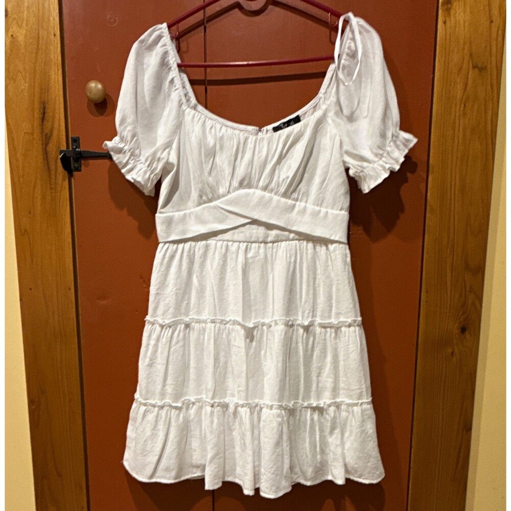 Trixxi White Square Neck Puff Sleeve Tiered Ruffle Zip Lined Mini Dress M